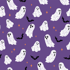 Halloween ghost and bat seamless cute pattern. For backdrop, wrapping paper, fabric, wallpaper. fashion prints. Printing with in hand drawn style Pastel background.