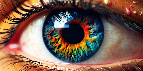 close up shot of beautiful eye iris with reflection - obrazy, fototapety, plakaty