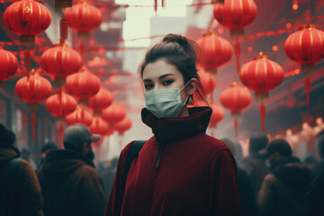 Fototapeta premium Chinese Woman in Public with Face Mask, China, Generative AI