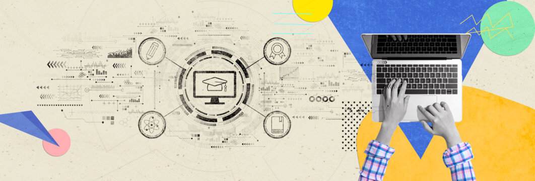 E-learning concept with person using a laptop computer - Photo collage design