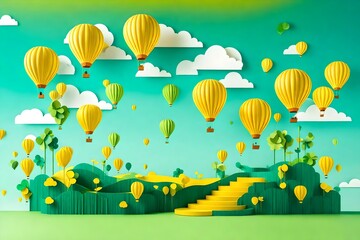 Paper cut of Summer season on green nature landscape,  air balloons and clouds on blue sky background with yellow color cylinder podium for products display presentation