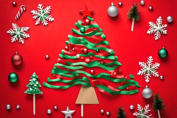 Naklejka na ściany i meble Christmas mockup with lollipop in the shape of a Christmas tree on a red background. Happy new year. Winter concept. Greeting card. Top view, flat lay