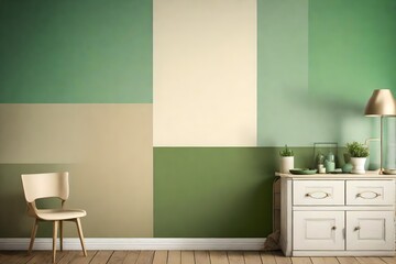 wall painting in 2 color tones, one beige color on top half and one green color in bottom half copy space for text