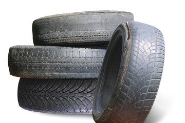 old worn damaged tires isolated on white background - 645997517