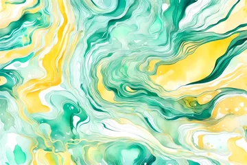 Foto op Canvas yellow mint liquid marble watercolor background with white lines and brush stains. Teal turquoise marbled alcohol ink drawing effect. Vector illustration backdrop, watercolour wedding invitation © CREAM 2.0