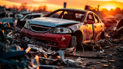 Old damaged cars on the junkyard