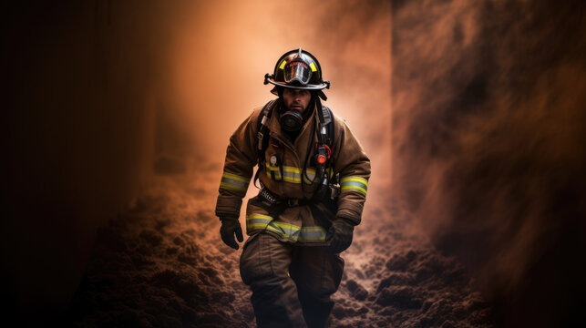 Portrait of a male firefighter in equipment against the smoke from the fire