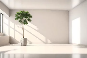 Afwasbaar fotobehang Minimalist empty room with beige and white backgrounds, concrete floor, sun ray, cozy home, indoor plant. Copy space area for office and living rooms. 3d rendering © CREAM 2.0