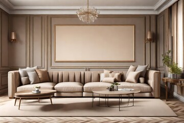 Luxury living room in warm colors. Brown beige walls, light gray lounge furniture sofa, table. Empty background for art or picture.