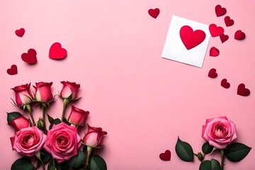 Pink roses flowers with gift card and red paper heart on pink background. Space for text. Holiday concept