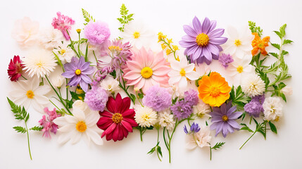 Fototapeta na wymiar 白い背景に並べられた優しい色の春の花々。結婚式、母の日、女性の日のグリーティングカードに　flat lay style