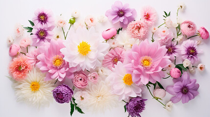 白い背景に並べられたピンクを基調とした春の花々。結婚式、母の日、女性の日のグリーティングカードに　flat lay style