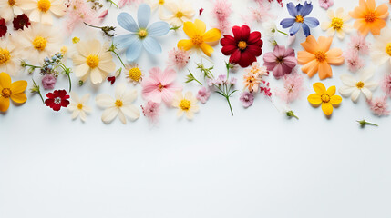 白い背景に並べられた春の花々。結婚式、母の日、女性の日のグリーティングカードに。Flat lay style