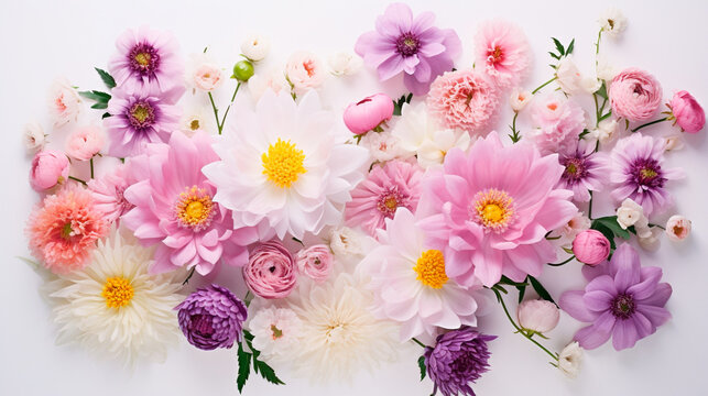 白い背景に並べられたピンクを基調とした春の花々。結婚式、母の日、女性の日のグリーティングカードに　flat lay style