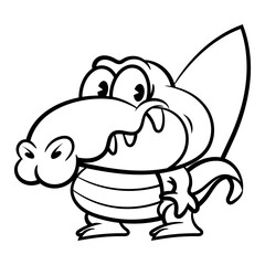 Cartoon illustration of Alligator carrying a surfboard. Best for outline, logo, and coloring book with summer themes for kids