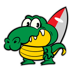 Cartoon illustration of Alligator carrying a surfboard. Best for sticker, logo, and mascot with summer themes for kids