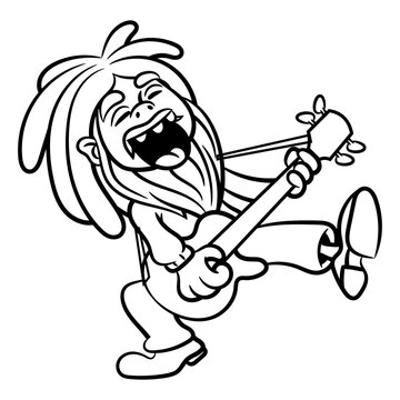 Dreadlocks men wearing a jacket and jeans, playing a electric guitar at concert. Best for outline, logo, and coloring book with reggae music themes