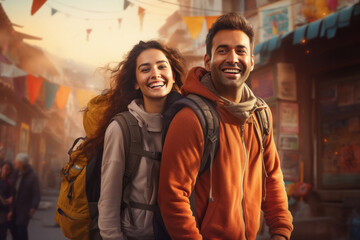 Happy indian couple tourist enjoying journey.