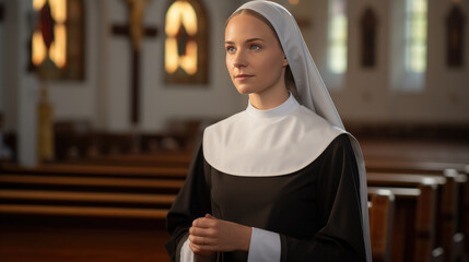 Portrait of a nun against a church background