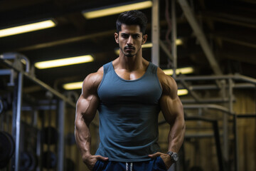 Fototapeta na wymiar Young indian bodybuilder man at gym