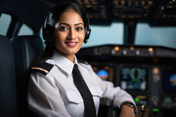 Young and confident female pilot at airplane. - obrazy, fototapety, plakaty
