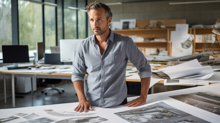 Male architect stands in an office in front of a desk with various architectural projects