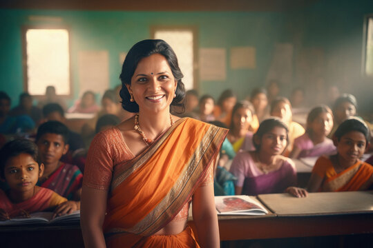 Indian Female School Teacher With Student At Classroom