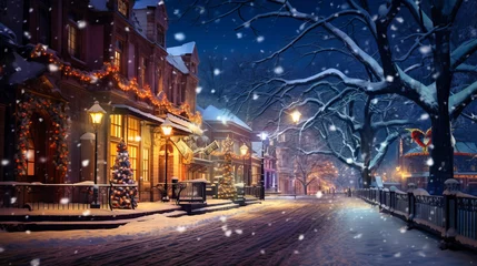Foto op Aluminium The image encapsulates a winter wonderland in the city. A festive Christmas tree and a radiant streetlight imbue the snowy street with enchantment. Snowflakes dance in a magical glow. Generative AI © Dougie C