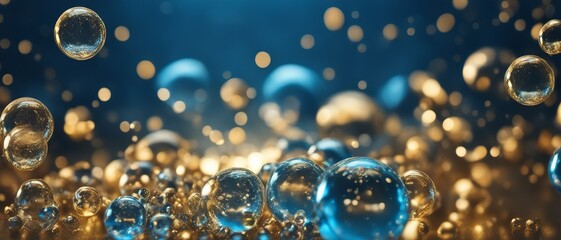 A bunch of magical blue and gold bubbles that are in the air, the wallpaper