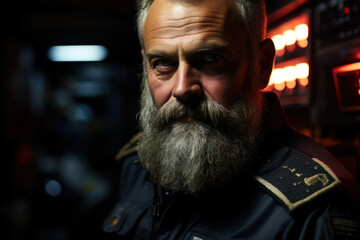Mature bearded caucasian male security guard in surveillance room