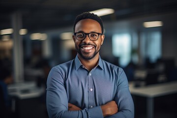 Smiling black executive posing with his arms crossed at the office