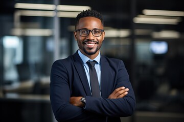 Fototapeta premium Smiling black executive posing with his arms crossed at the office