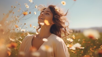 A happy woman in a field of flowers