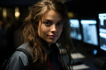 Portrait of young beautiful caucasian female security guard in surveillance room