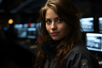 Portrait of young beautiful caucasian female security guard in surveillance room