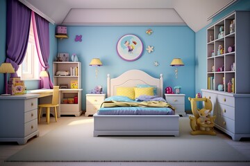 White children's bedroom interior design with colorful furniture in summer
