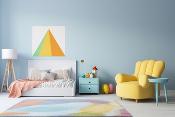White children's bedroom interior design with colorful furniture in summer