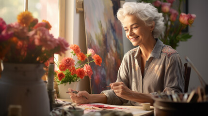 Senior female artist working on painting in her studio