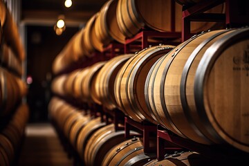 Wooden barrels in modern wine cellar. Wine production. Winery industry environment. - obrazy, fototapety, plakaty