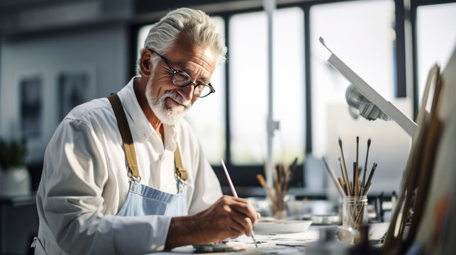 Senior Male Artist Working On Painting In His Studio