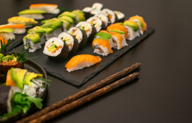 Luxurious and creative Sushi as Nigiri,Futomaki,Uramaki with Coconut chopsticks
