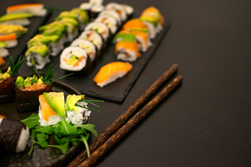 Luxurious and creative Sushi as Nigiri,Futomaki,Uramaki with Coconut chopsticks