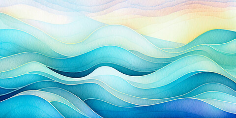 Fototapeta premium Ocean water wave illustration copy space for text. Abstract blue, teal happy cartoon sunny wave for pool party or ocean beach vacation travel. Web mobile wavy background texture wave