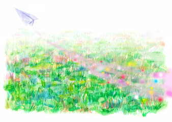 野原を飛ぶ紙飛行機