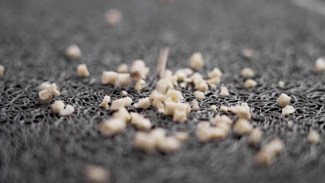 Biodegradable eco friendly kitten corn litter particles falling on a rubber cat mat in slow motion close up with rotation