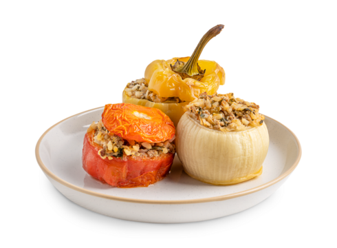 Single plate with gemista greek traditional homemade cuisine made of vegetables such as tomato, pepper and onion stuffed with rice and baked until soft isolated on white background prepared for dinner