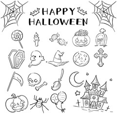 手描きのハロウィンのイラストセット　モノクロ