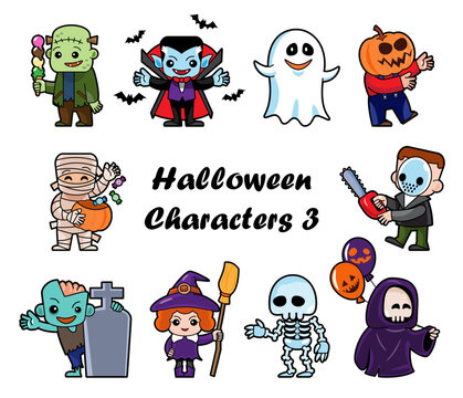 Cute halloween cartoon characters . White isolated background . Vector . Set 3 of 4 .