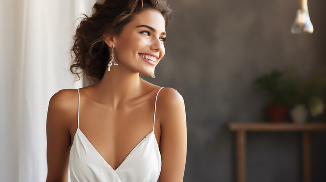 Smiling woman in white evening dress with diamond jewelry in the shop, young bride, Beautiful young woman with white Dress, Elegant Woman in Sexy Evening Gown, copy space, International Women Day