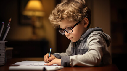 Little boy draws sitting at a table